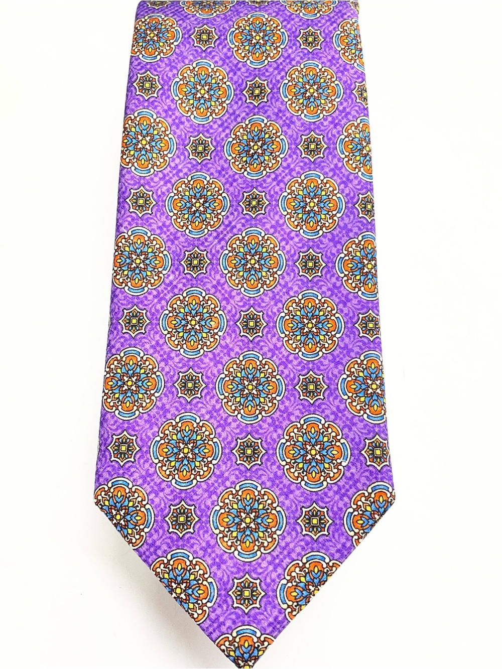 David Donahue Purple Medallion Silk Tie with Orange and Blue Accents